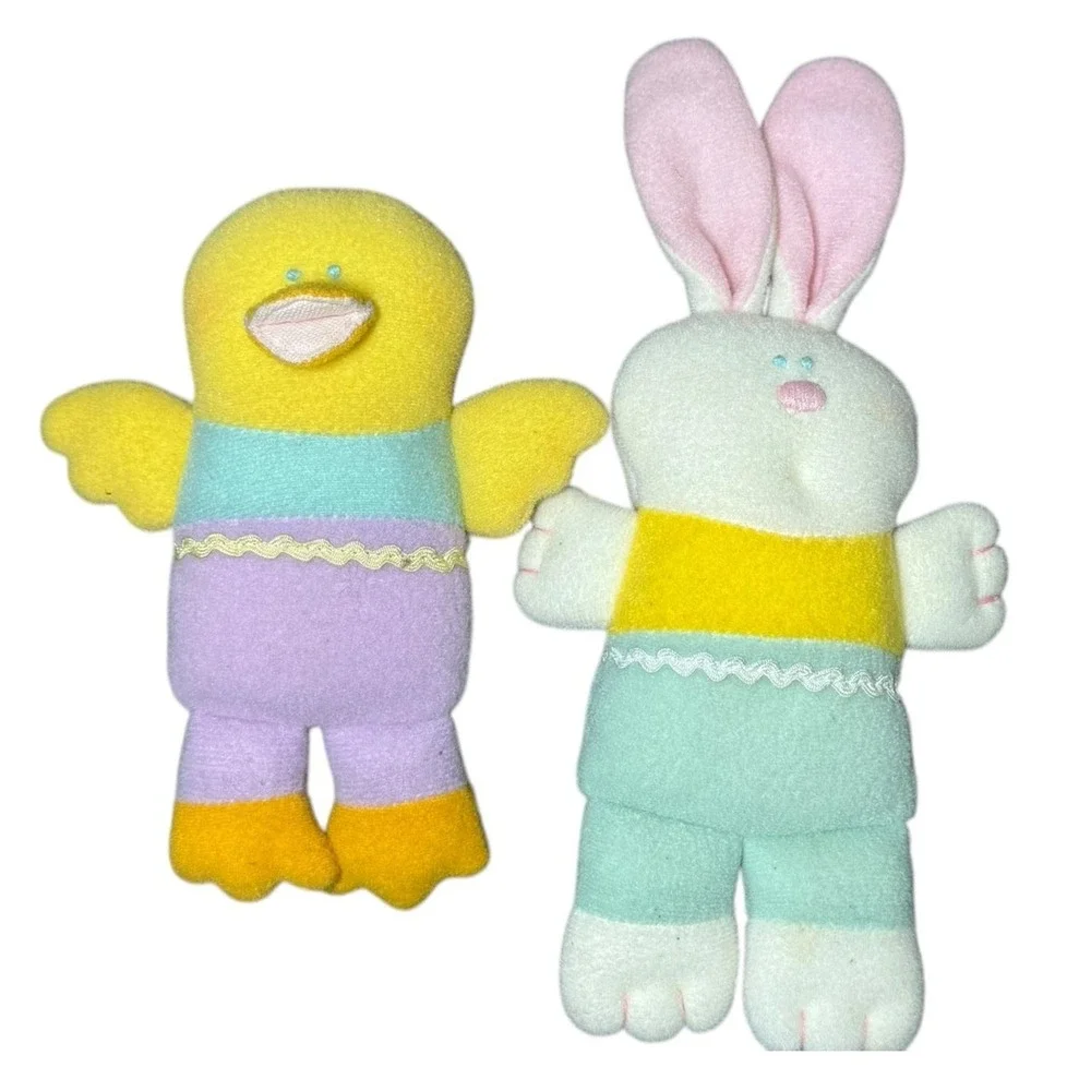 Vintage 80s Hallmark Easter Bunny Duck Plush Squeak Toys Baby Lovey Stuffed Pair
